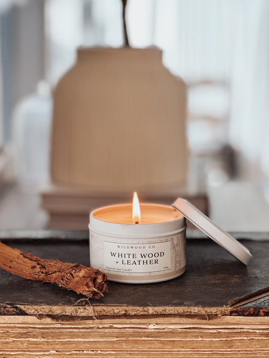 WHITE WOOD & LEATHER with Blood Orange, Vanilla + Nutmeg | 180g Candle