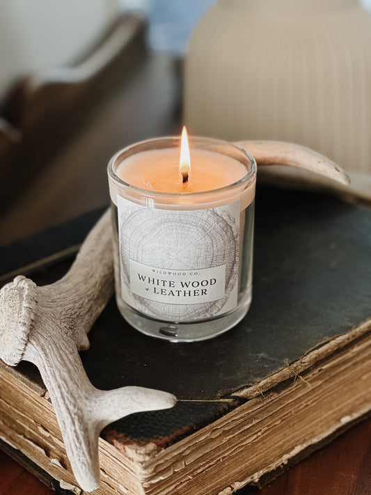 White Wood and Leather Candle. Wildwood Co Candle Adelaide Hills